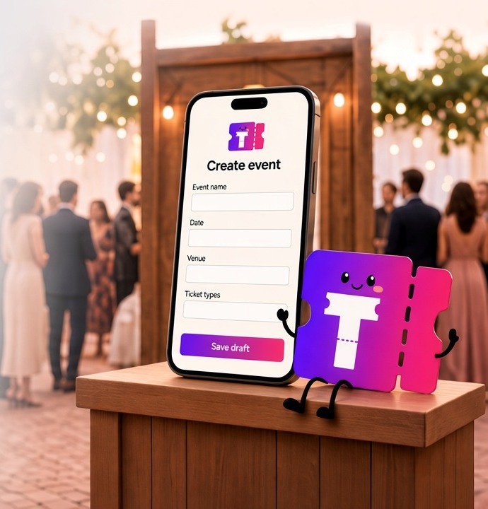 Create an event on your phone — name, date, venue, and ticket types